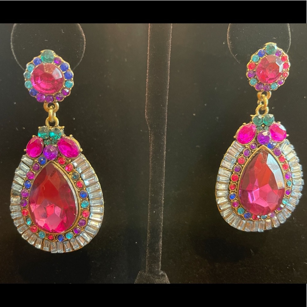 Purple, blue and green rhinestone earrings.